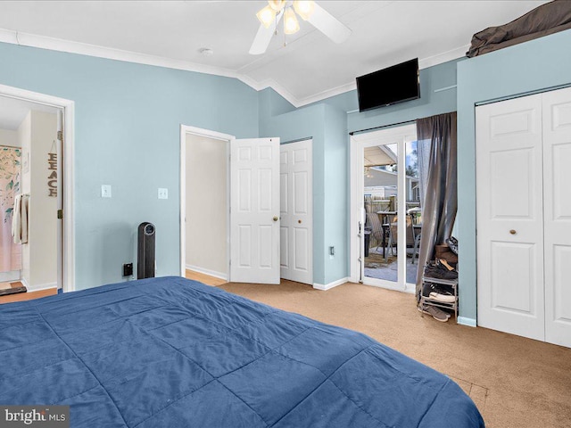 carpeted bedroom featuring ceiling fan, vaulted ceiling, crown molding, and access to outside