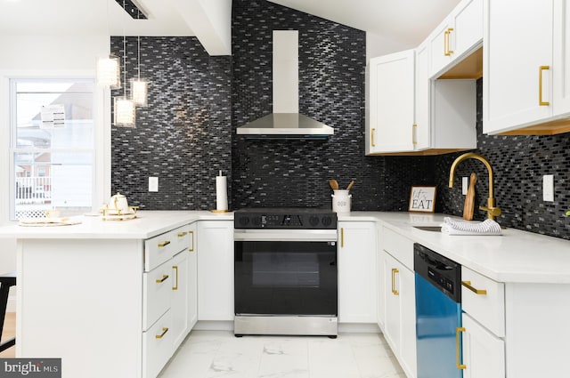 kitchen with wall chimney range hood, white cabinetry, backsplash, black dishwasher, and range with gas cooktop