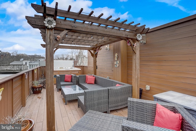 wooden deck featuring an outdoor living space and a pergola