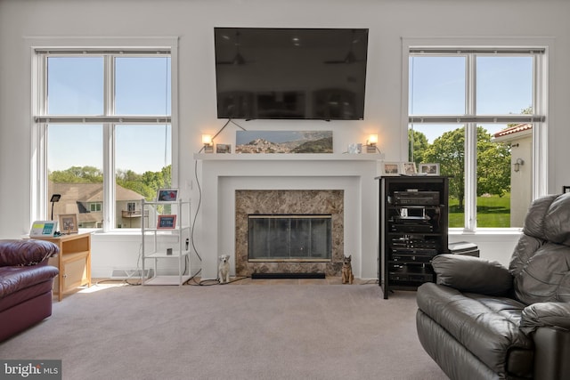 living room featuring carpet and a premium fireplace