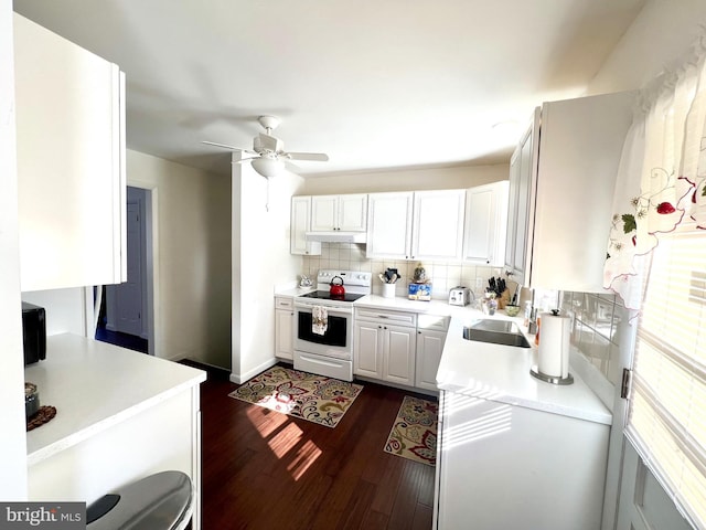 kitchen with sink, white cabinetry, dark hardwood / wood-style floors, decorative backsplash, and white range with electric stovetop