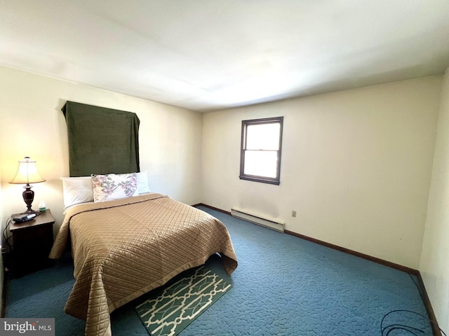 carpeted bedroom with a baseboard radiator