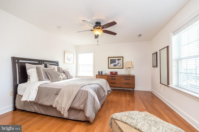 bedroom featuring ceiling fan and light hardwood / wood-style floors