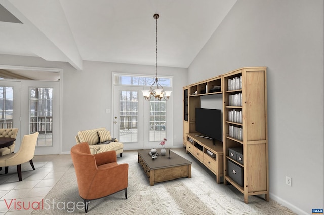 tiled living room featuring vaulted ceiling and a chandelier