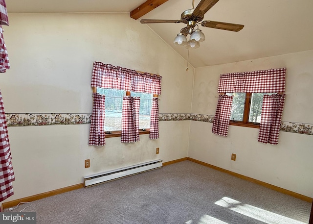 unfurnished room with a baseboard heating unit, ceiling fan, carpet floors, and lofted ceiling with beams