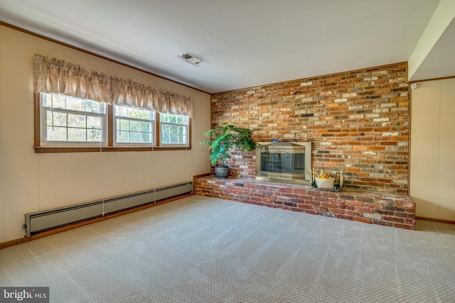 unfurnished living room featuring a fireplace, carpet floors, and a baseboard radiator