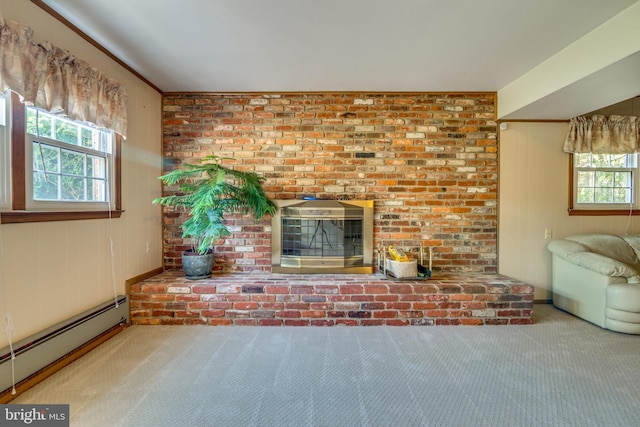 unfurnished living room featuring carpet and a baseboard radiator