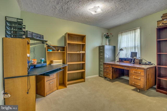 office space with a textured ceiling and light colored carpet