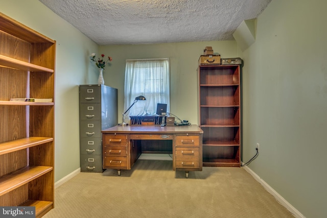 office with light colored carpet and a textured ceiling