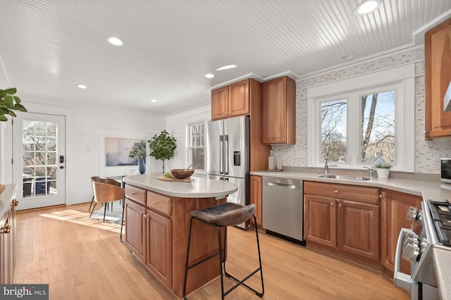 kitchen with sink, light wood-type flooring, a healthy amount of sunlight, and appliances with stainless steel finishes