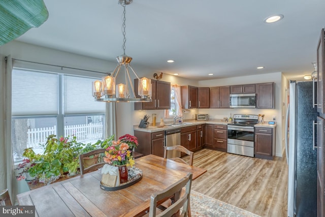 kitchen with pendant lighting, appliances with stainless steel finishes, dark brown cabinetry, a chandelier, and light hardwood / wood-style flooring