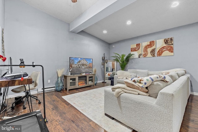 living room featuring a baseboard heating unit, dark wood-type flooring, and lofted ceiling with beams