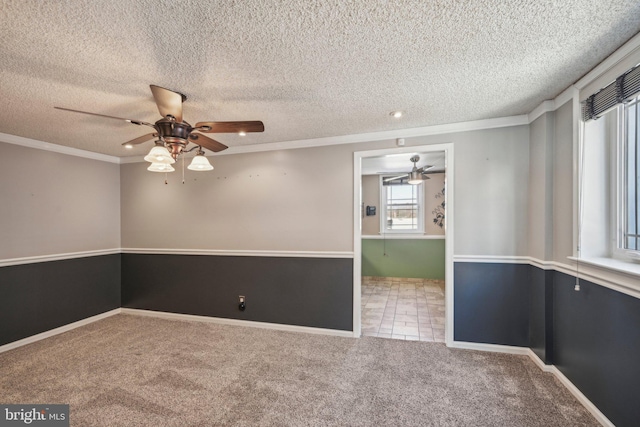 spare room featuring crown molding, ceiling fan, carpet flooring, and a textured ceiling