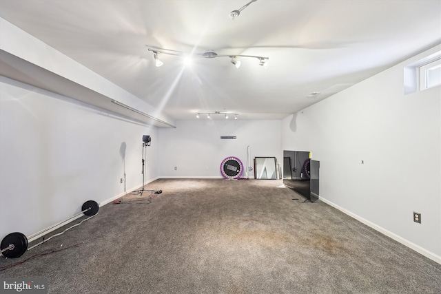 basement with track lighting and carpet floors