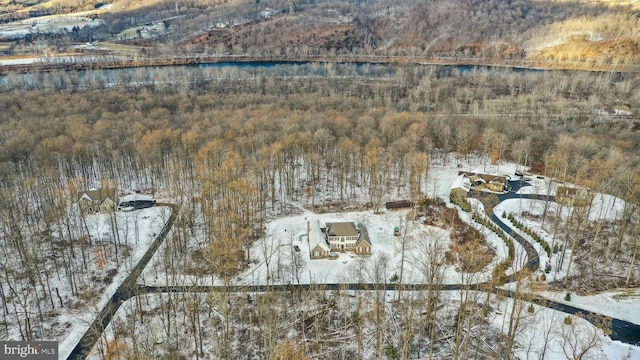 snowy aerial view with a water view