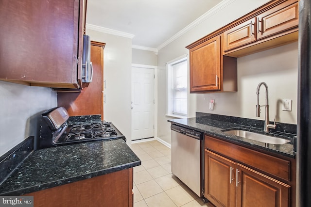 kitchen featuring dishwasher, gas range oven, sink, light tile patterned floors, and crown molding