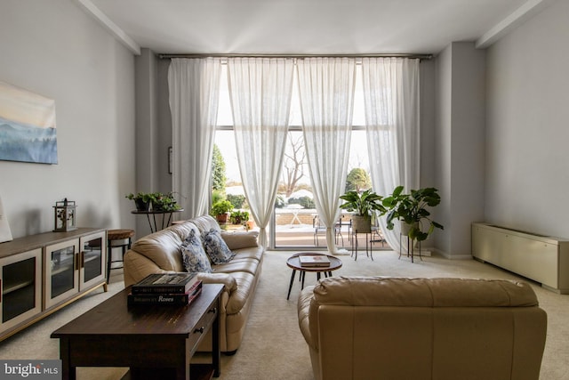 carpeted living room featuring radiator heating unit