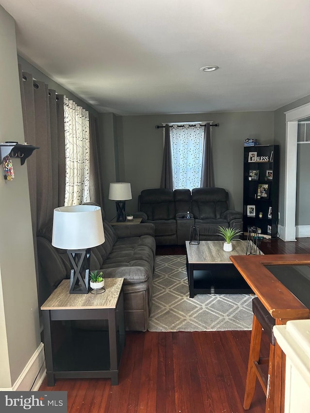 living room with dark hardwood / wood-style floors