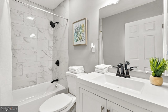 full bathroom featuring toilet, vanity, and shower / bathtub combination with curtain