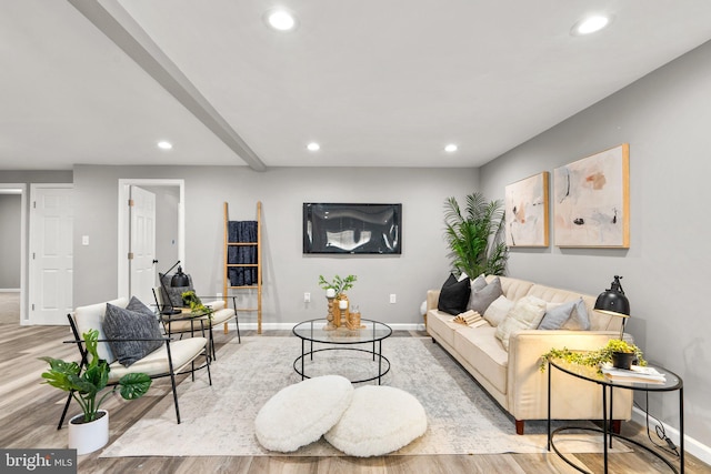 living room featuring baseboards, wood finished floors, and recessed lighting