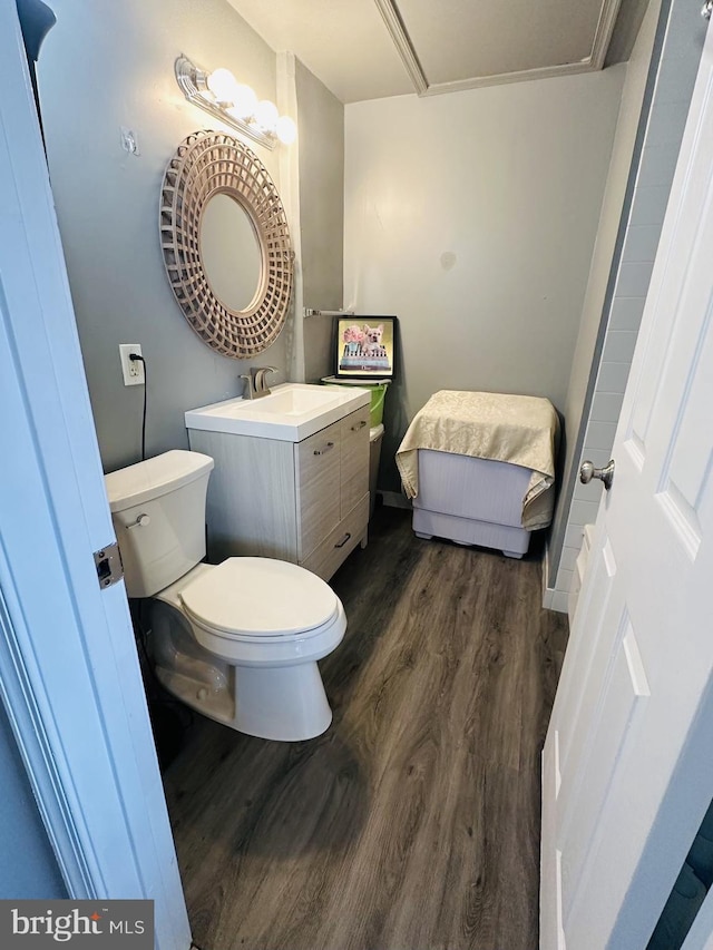 bathroom with vanity, wood-type flooring, and toilet