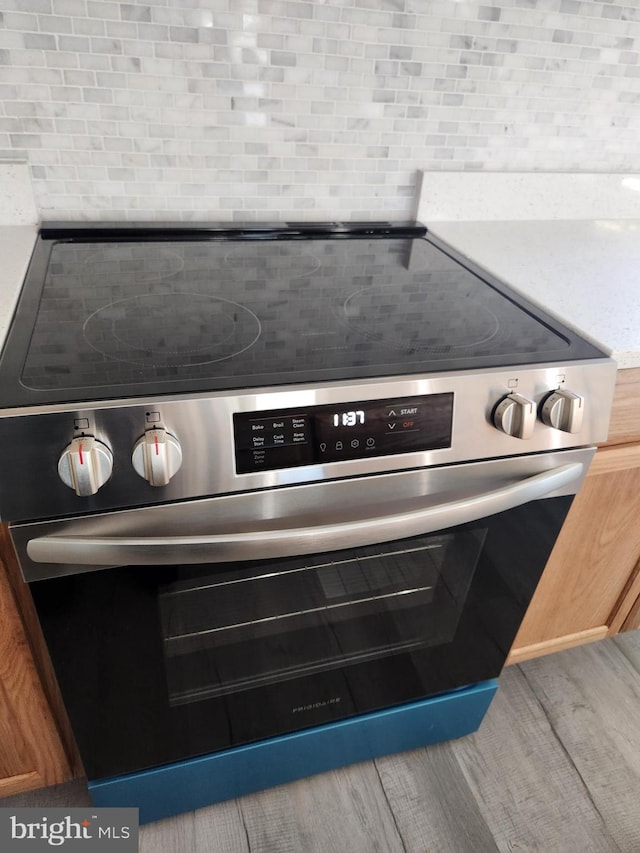 details with stainless steel electric range oven and backsplash