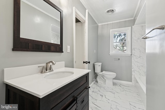 full bathroom featuring toilet, crown molding, washtub / shower combination, and vanity