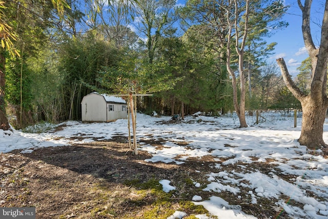 snowy yard featuring a storage unit