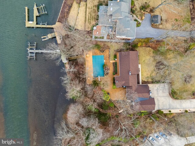 drone / aerial view featuring a water view