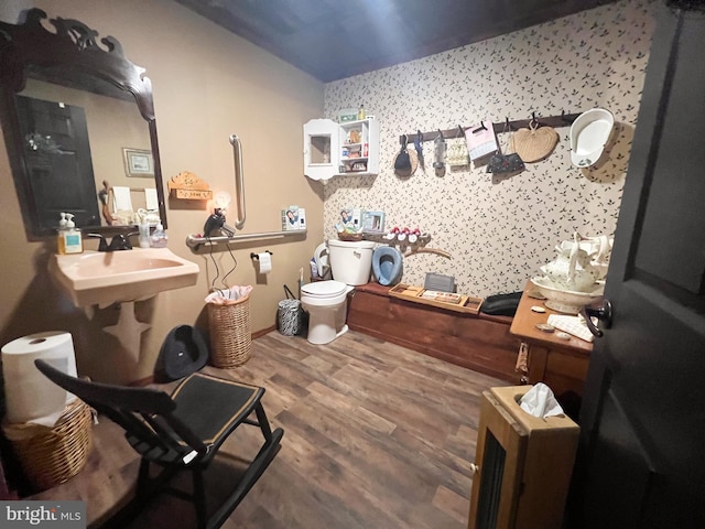 bathroom featuring toilet, wood-type flooring, and sink