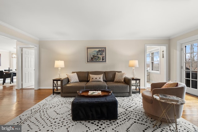 living room featuring ornamental molding and wood-type flooring