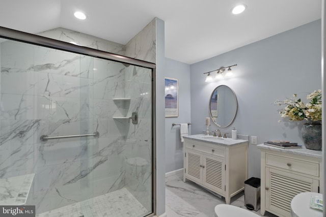 bathroom with toilet, an enclosed shower, and vanity