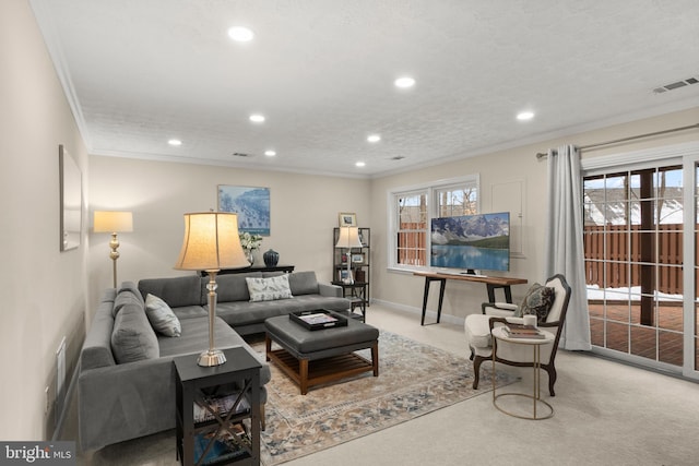 carpeted living room featuring a textured ceiling and ornamental molding