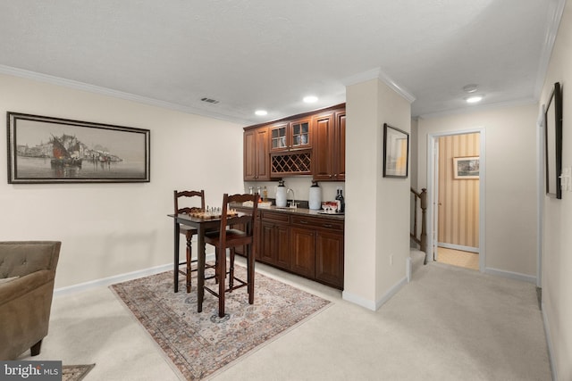 interior space with light colored carpet, sink, and crown molding