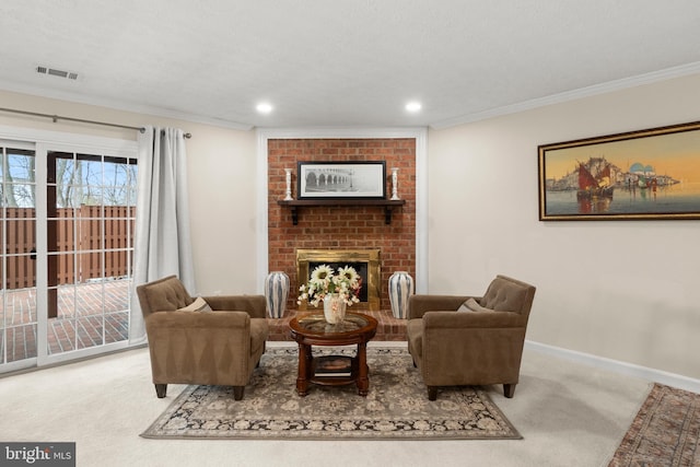 living room with light carpet, a brick fireplace, and crown molding