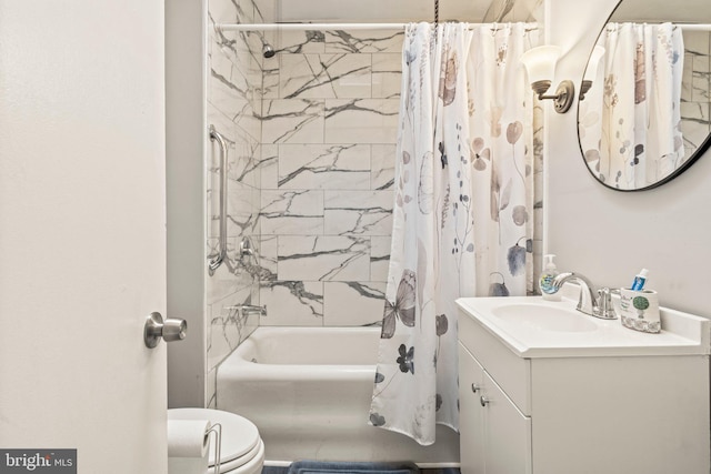 full bathroom with toilet, vanity, and shower / bath combination with curtain