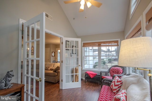 interior space with high vaulted ceiling, dark wood-type flooring, ceiling fan, and french doors