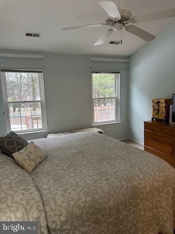 bedroom with ceiling fan and multiple windows