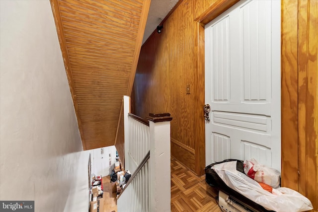 room details with wood walls and parquet flooring