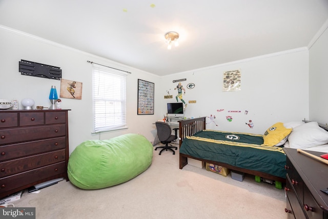 bedroom with ornamental molding and carpet flooring