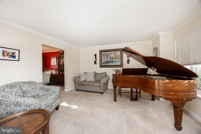 living area with ornamental molding and light carpet