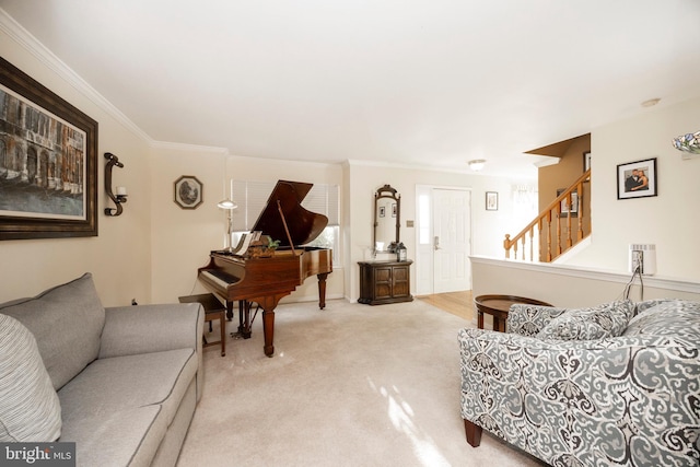 living room with light carpet and ornamental molding