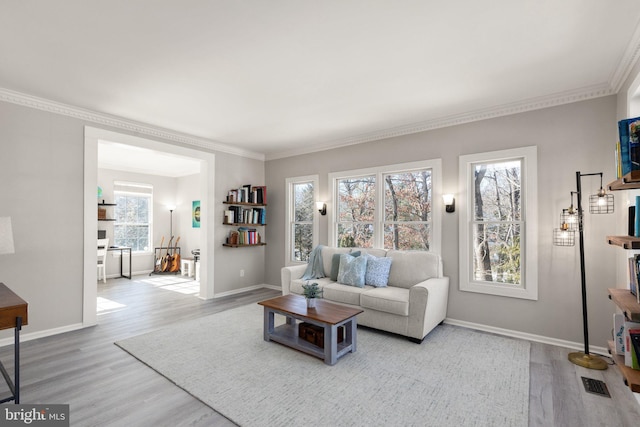 living room with crown molding and light wood-type flooring