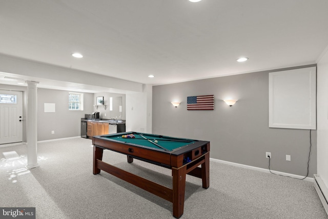 rec room with a baseboard heating unit, pool table, and light colored carpet