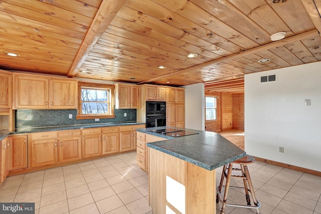 kitchen with wooden ceiling, light brown cabinets, black appliances, and a kitchen island