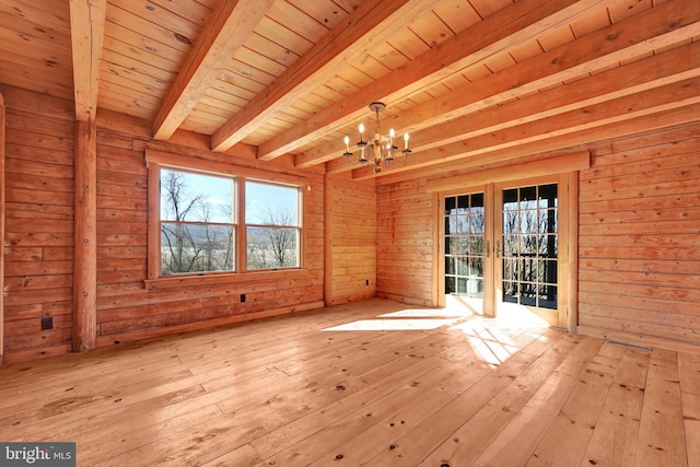 spare room with wooden ceiling, a chandelier, wood walls, and beamed ceiling