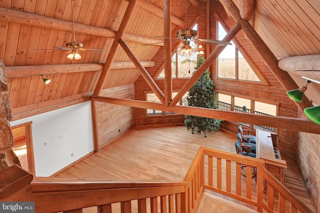 living room featuring ceiling fan, beam ceiling, high vaulted ceiling, and wooden ceiling