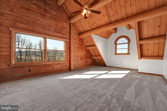 additional living space featuring ceiling fan, wooden ceiling, light colored carpet, high vaulted ceiling, and beam ceiling