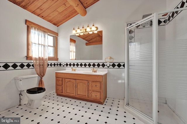 bathroom with tile walls, walk in shower, wood ceiling, and vaulted ceiling with beams