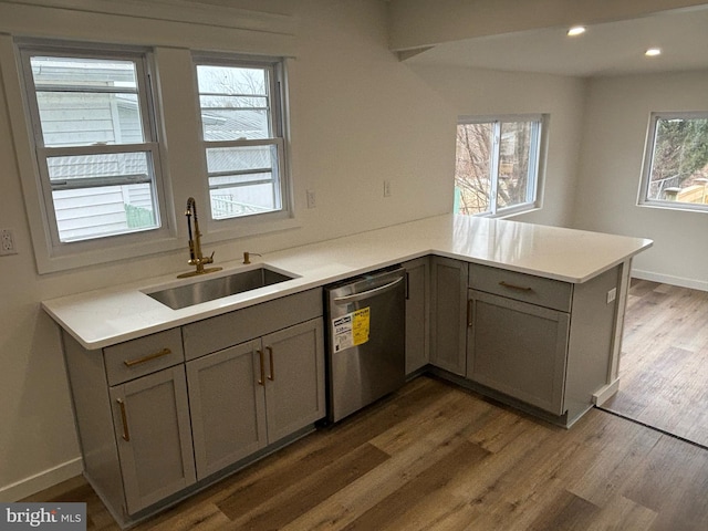 kitchen with kitchen peninsula, dishwasher, sink, and dark hardwood / wood-style flooring